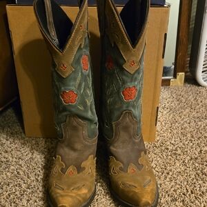 Laredo Brown and Green Western Cowboy Boots with Red Floral Design